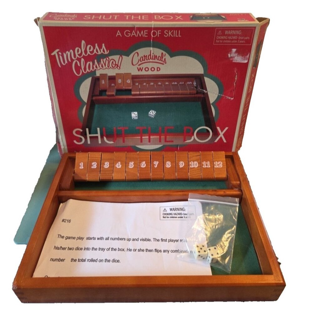 "Shut The Box" Cardinal's Wood Dice Game with Instructions and Dice in Box Vtg